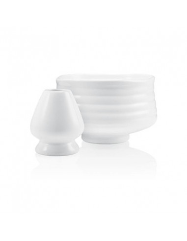 White matcha bowl 50cl and whisk holder in porcelain
