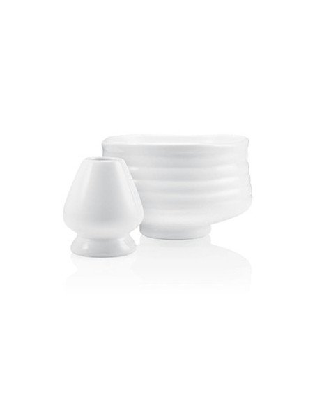 White matcha bowl 50cl and whisk holder in porcelain